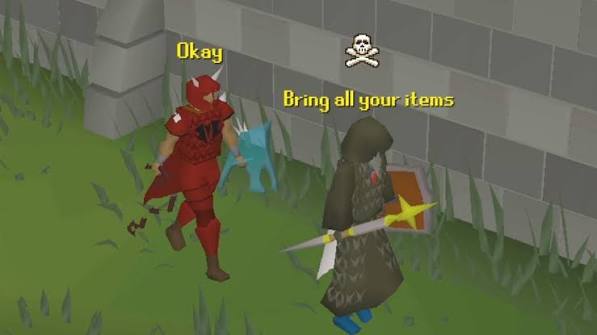 Two players at the wilderness ditch: 'Okay' / 'Bring all your items'